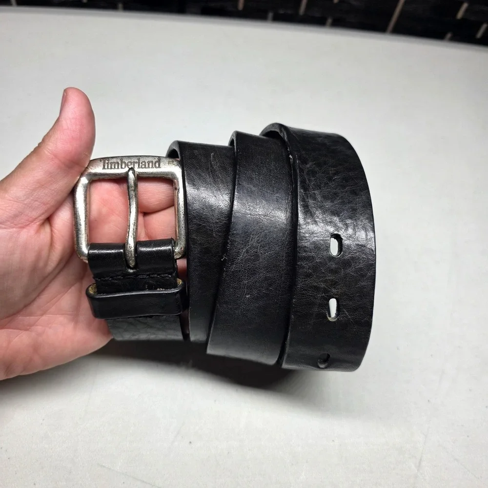 Timberland Mens Black Genuine Leather Belt Silver Logo Buckle Size 36 1393-001